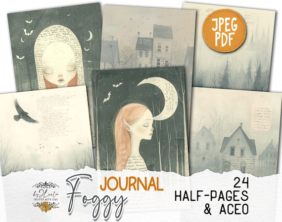 FOGGY JOURNAL half pages Dark Gothic printable | Eerie horror halloween Aceo Atc junk journal | Storybook paper collage digital card | pp832