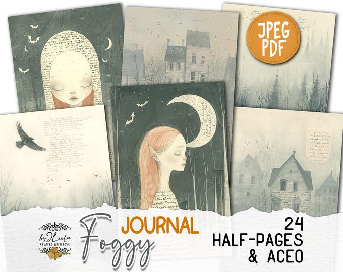 FOGGY JOURNAL half pages Dark Gothic printable | Eerie horror halloween Aceo Atc junk journal | Storybook paper collage digital card | pp832