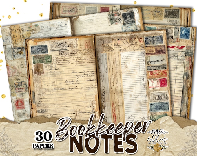 BOOKKEEPER NOTES – Vintage Ledger Junk Journal Pages for Writing, Layering and Everyday Paper Play | Printable | ppK40