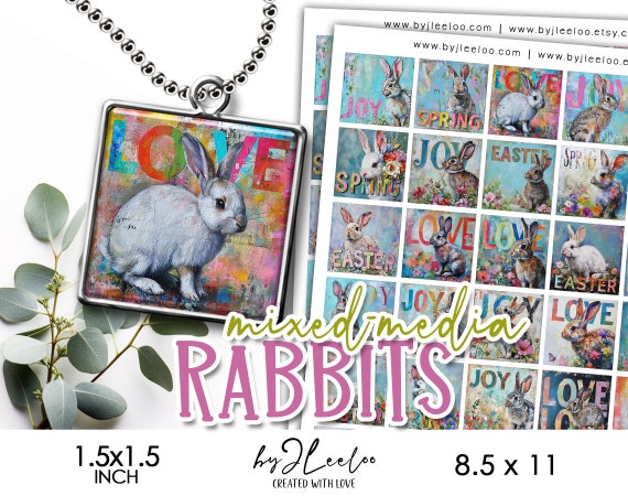 MIXED-MEDIA RABBITS 1.5x1.5 inch printable mixed media illustration | supplies square pendants, altered art, glass charm, magnet | qu575