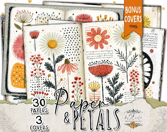 BOTANICAL JUNK JOURNAL Kit, Vintage Floral Printable Pages, Folk Art Flowers, Scrapbook Paper, Collage Ephemera, Art Journal | ppK81