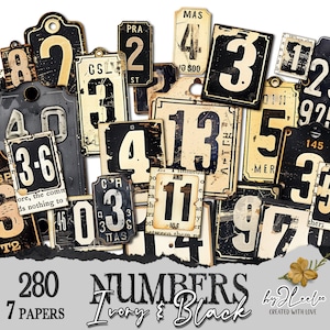 NUMBERS ブラック＆アイボリー タグ 印刷可能な工業用品 | ヴィンテージ エフェメラ ジャンクジャーナル | ニュートラルイメージ デジタルコラージュシート | tl285