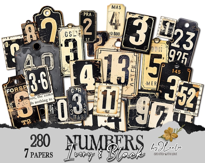 NUMBERS BLACK and IVORY tag printable industrial supplies | vintage ephemera junk journal | neutral images digital collage sheet | tl285