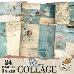 BLUE COLLAGE 24 papers 3 Sizes | Junk Journal Distressed Pages | Backdrop Rustic Background | Junk Journal scrapbook Commercial Use | pp920