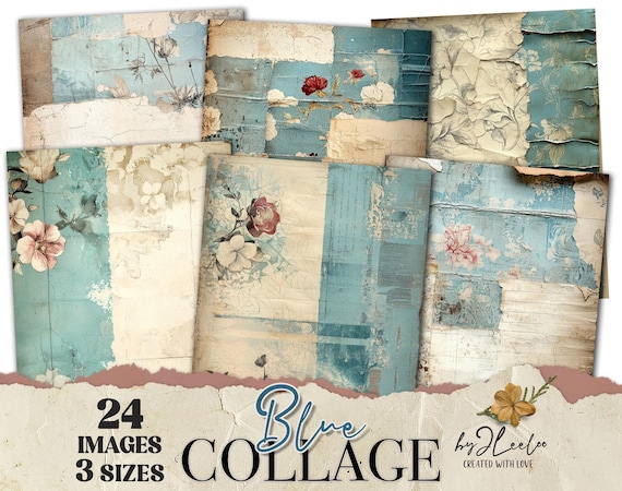 BLUE COLLAGE 24 papers 3 Sizes | Junk Journal Distressed Pages | Backdrop Rustic Background | Junk Journal scrapbook Commercial Use | pp920
