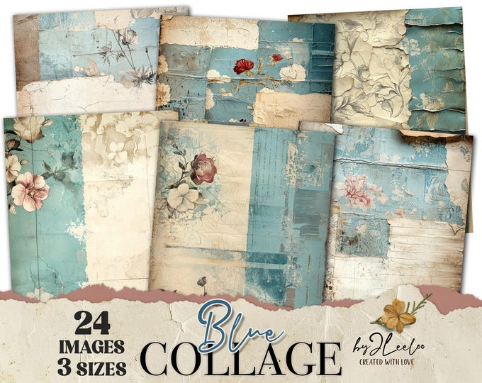 BLUE COLLAGE 24 papers 3 Sizes | Junk Journal Distressed Pages | Backdrop Rustic Background | Junk Journal scrapbook Commercial Use | pp920
