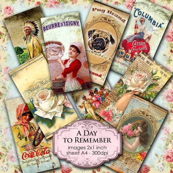 A DAY TO REMEMBER printable 2x1 inch domino size instant download background Digital collage sheet vintage paper victorian do101