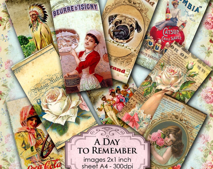 A DAY TO REMEMBER printable 2x1 inch domino size instant download background Digital collage sheet vintage paper victorian do101