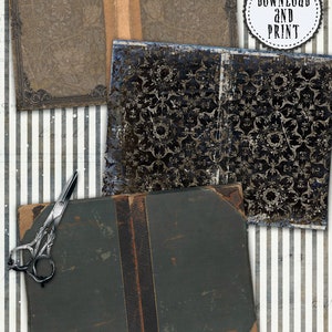 May include: Twelve digital printable sheets with two pages each, featuring vintage book covers with ornate designs. Three sheets are decorated for inside pages or covers, and six sheets include embellishments such as cards, tags, pockets, and labels. Download and print for crafting projects.