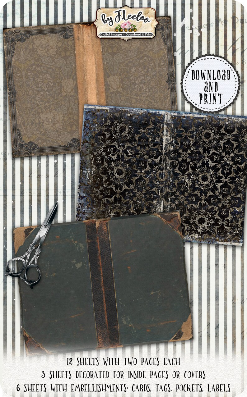 May include: Twelve digital printable sheets with two pages each, featuring vintage book covers with ornate designs. Three sheets are decorated for inside pages or covers, and six sheets include embellishments such as cards, tags, pockets, and labels. Download and print for crafting projects.