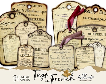 TAGS IN FRENCH vintage romantic supplies | Ephemera old tag junk journal | Parisienne documents images collage | Digital download | tl274