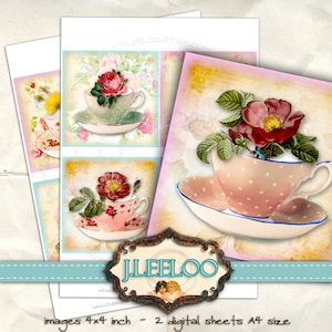 Digital collage TEA PARTY 4x4 inch square drink tea cup rose coaster flowers magnet stickers pendant instant download printable qu374