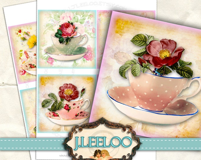 Digital collage TEA PARTY 4x4 inch square drink tea cup rose coaster flowers magnet stickers pendant instant download printable qu374
