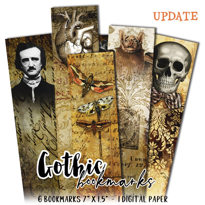 May include: Six digital paper bookmarks with a gothic theme. The bookmarks feature images of a skull, a bat, a heart, a moth, and a portrait of Edgar Allan Poe. The text "Gothic bookmarks" is written in black cursive font on the bottom of the image.