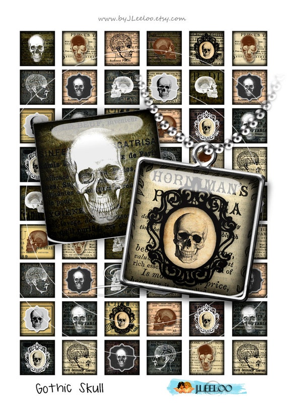 Digital printable GOTHIC SKULL 1x1 inch square for goth scary resin pendant trays scrapbook instant download Digital collage sheet qu456