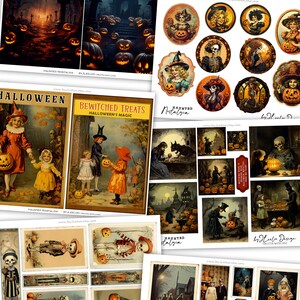 Puede incluir: Un paquete de papel digital con m&aacute;s de 220 im&aacute;genes y 27 papeles digitales con ilustraciones vintage de Halloween. Las im&aacute;genes incluyen esqueletos, brujas, calabazas y ni&ntilde;os disfrazados. El texto "Haunted Nostalgia" aparece en los papeles digitales.