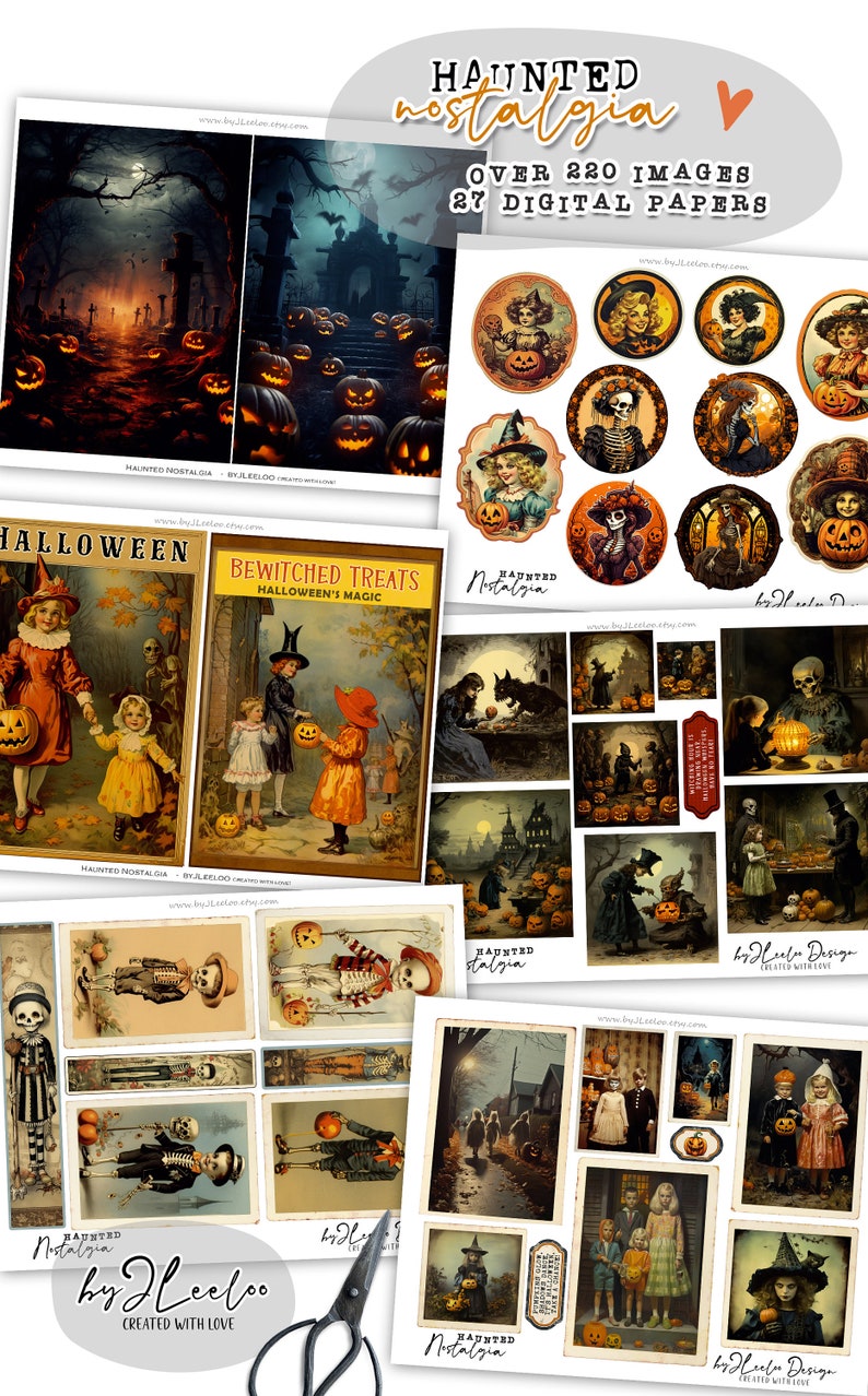 Puede incluir: Un paquete de papel digital con m&aacute;s de 220 im&aacute;genes y 27 papeles digitales con ilustraciones vintage de Halloween. Las im&aacute;genes incluyen esqueletos, brujas, calabazas y ni&ntilde;os disfrazados. El texto "Haunted Nostalgia" aparece en los papeles digitales.