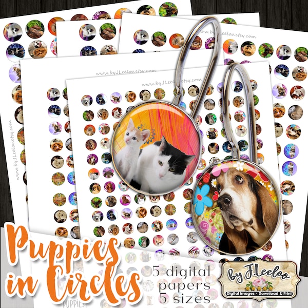 PUPPIES IN CIRCLES dog and cat images Digital printable 12 14 16 18 20mm circle sheets earring instant download digital for jewelry tn635