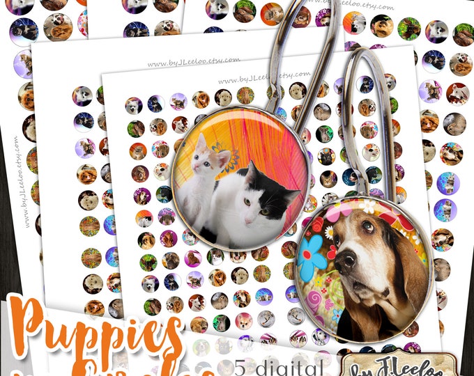 PUPPIES IN CIRCLES dog and cat images Digital printable 12 14 16 18 20mm circle sheets earring instant download digital for jewelry tn635