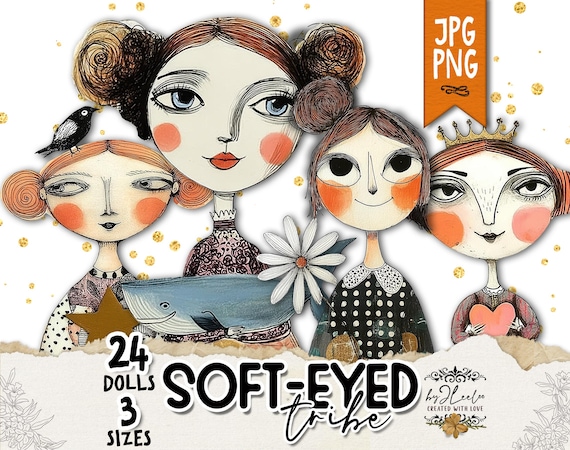 the SOFT-EYES TRIBE – 24 Printable Art Dolls Png Jpg | Whimsical Girls for Junk Journal, Scrapbooking, Collage, Mixed Media Crafts | cl200