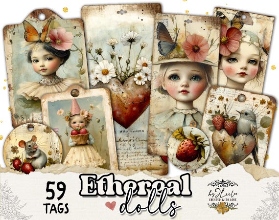 ETHEREAL DOLLS tags vintage printable | magic dust for junk journal scrapbook label | Card making collage supplies ephemera digital CU tl311