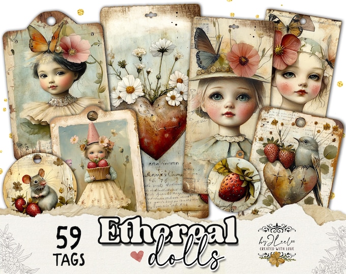 ETHEREAL DOLLS tags vintage printable | magic dust for junk journal scrapbook label | Card making collage supplies ephemera digital CU tl311