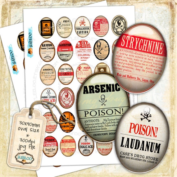 Digital paper POISON 30x40 mm oval goth apothecary labels arsenic magnet stickers mirrors pendant instant download printable ov132