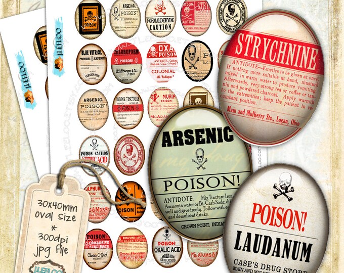 Digital paper POISON 30x40 mm oval goth apothecary labels arsenic magnet stickers mirrors pendant instant download printable ov132