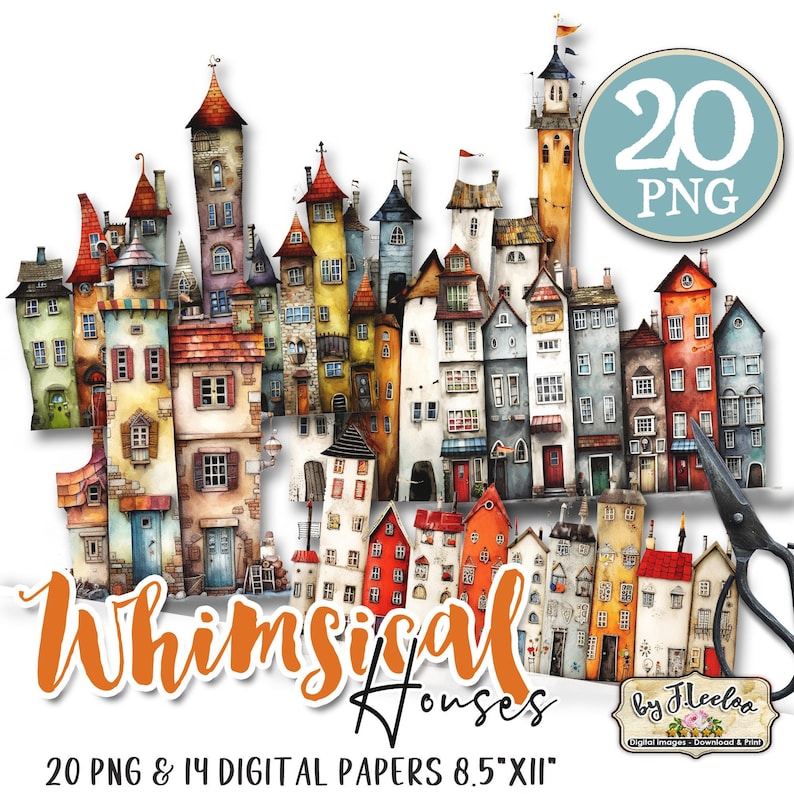 WHIMSICAL HOUSES PNG Clipart Papier Bastelbedarf junk journal elements vintage skurrile Mixed Media Printable kommerzielle Nutzung cl147 Bild 1