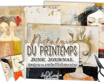 NOSTALGIE DU PRINTEMPS junk journal | Whimsical hand-drawn mixed media half page printable | card making page crafting collage diary | pp796