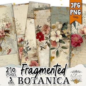Puede incluir: Colección de imágenes botánicas de estilo vintage con diseños florales en tonos rosa, rojo y blanco. Las imágenes están sobre papel envejecido con texto. Se muestran las palabras "Fragmented Botanica". Incluye formatos JPG y PNG.