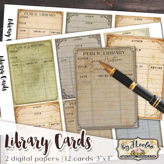 LIBRARY CARDS vintage diary art for scrapbook junk journal ATC neutral steampunk postcard ephemera digital download pp564