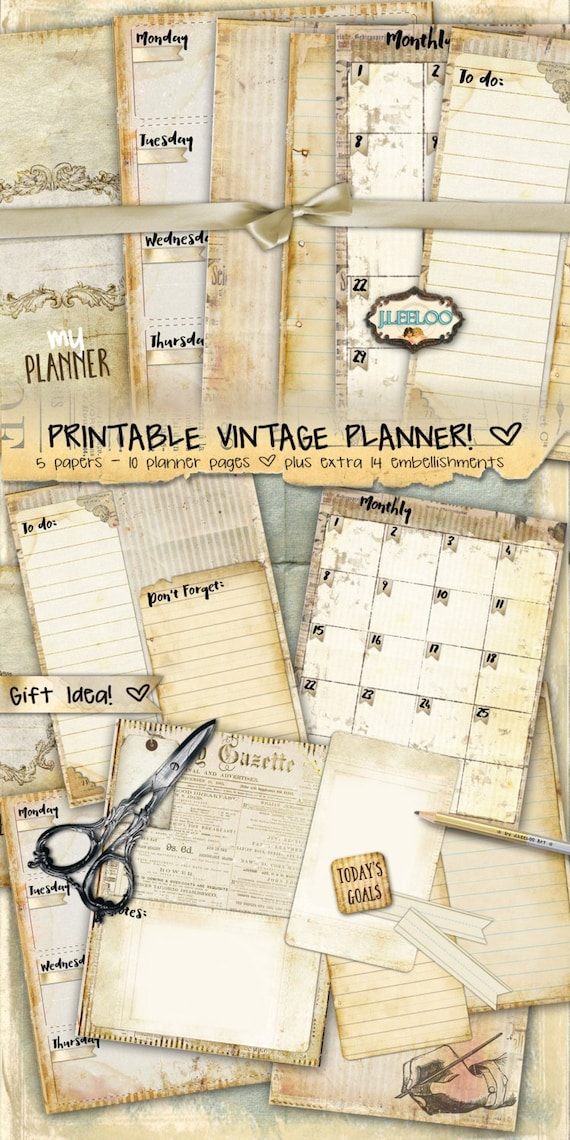 THE PLANNER distressed journal scrapbook week monthly diary instant download printable vintage organizer pp312