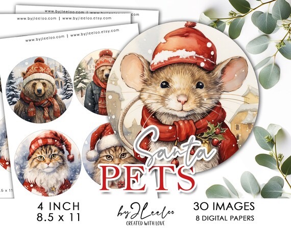 SANTA PETS 4 inch circle printable | round supplies for coaster pendant mirror magnet and craft instant download diy | Circle Labels | tn685