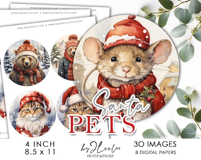 SANTA PETS 4 inch circle printable | round supplies for coaster pendant mirror magnet and craft instant download diy | Circle Labels | tn685