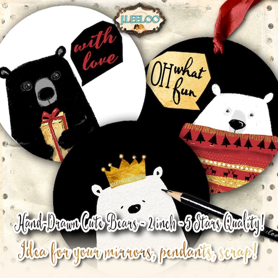 CUTE BEARS  hand drawn holidays 2 inch watercolor pendant magnet craft gold christmas clipart digital download printable paper tn565