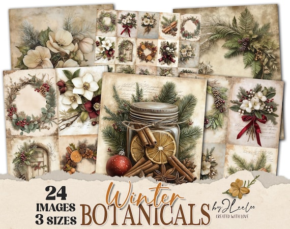 WINTER BOTANICALS 3 Sizes | Vintage Christmas home decor rustic background | Junk Journal backdrop poster gift tag | Commercial Use | pp877