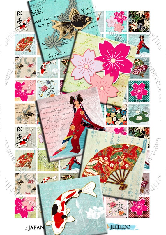 Digital collage JAPAN STORY 1x1 inch square orient east koi fish for pendant jewellery clipart magnet instant download printable qu163