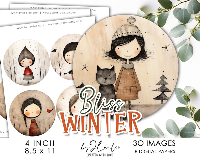 WINTER BLISS 4 inch circle printable | round supplies for coaster pendant mirror magnet and craft download diy | Circle craft Labels | tn703