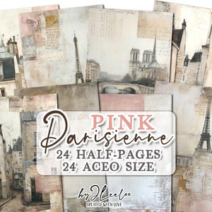 PINK PARISIENNE pół strony do druku | dziennik śmieciowy Mieszane media Karta ACEO Materiały Paryż | Zniszczony, zużyty papier kolażowy dziennik | str. 712