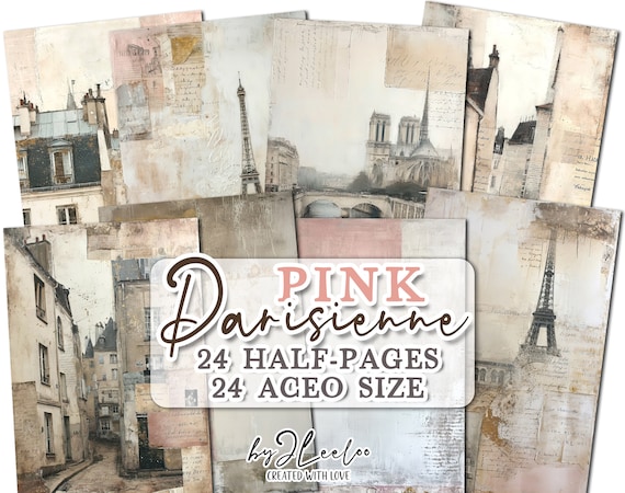PINK PARISIENNE half pages printable | junk journal Mixed Media ACEO card Paris supplies | Distressed worn collage paper diary | pp712