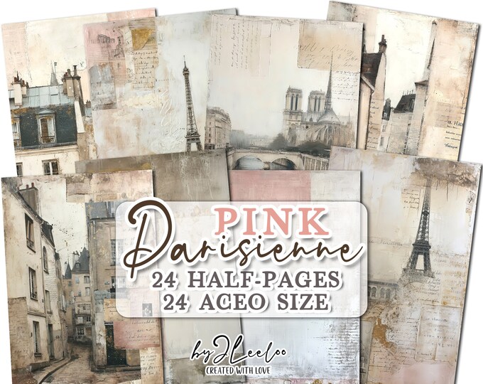 PINK PARISIENNE half pages printable | junk journal Mixed Media ACEO card Paris supplies | Distressed worn collage paper diary | pp712
