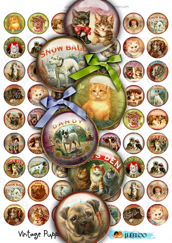 Digital printable sheet VINTAGE PUPPIES 1 inch circle cat dog friends for scrapbook pendant magnet hang tags instant download tn283