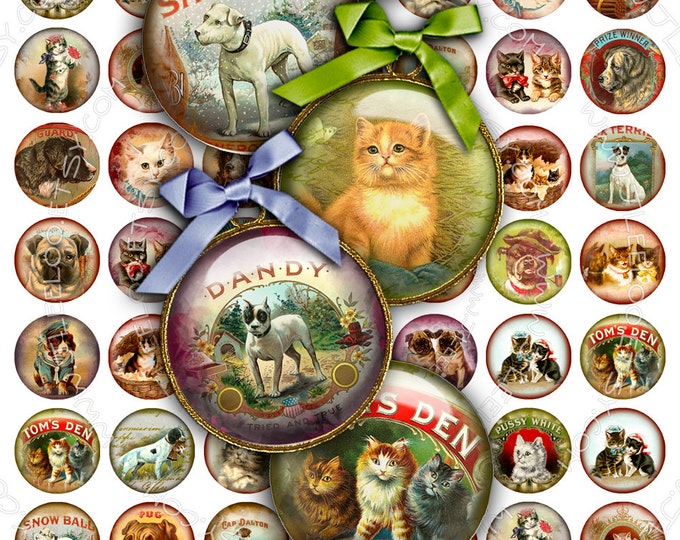 Digital printable sheet VINTAGE PUPPIES 1 inch circle cat dog friends for scrapbook pendant magnet hang tags instant download tn283