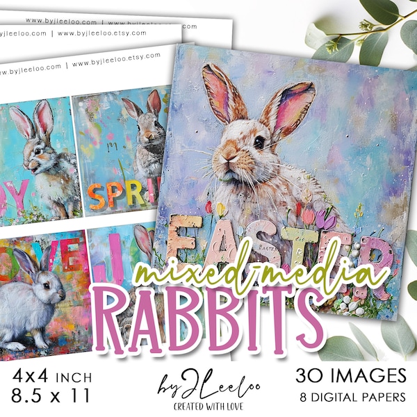 MIXED-MEDIA RABBITS 4x4 inch printable | Background Ephemera printable Coaster Instant Download digital collage sheet | Square Label | qu579