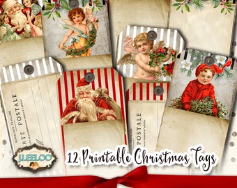 CHRISTMAS tags printable vintage paper craft ephemera scrapbook download diary gift Santa Digital collage sheet instant download tl202