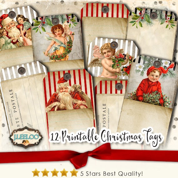 CHRISTMAS tags printable vintage paper craft ephemera scrapbook download diary gift Santa Digital collage sheet instant download tl202