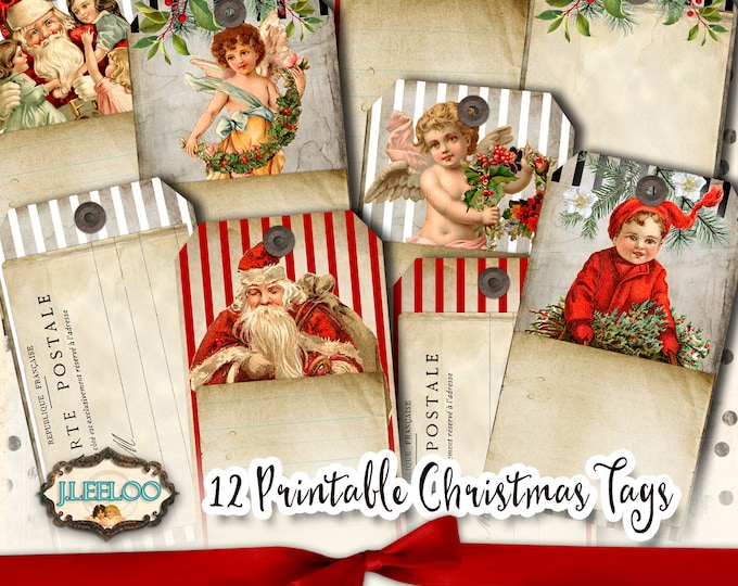 CHRISTMAS tags printable vintage paper craft ephemera scrapbook download diary gift Santa Digital collage sheet instant download tl202