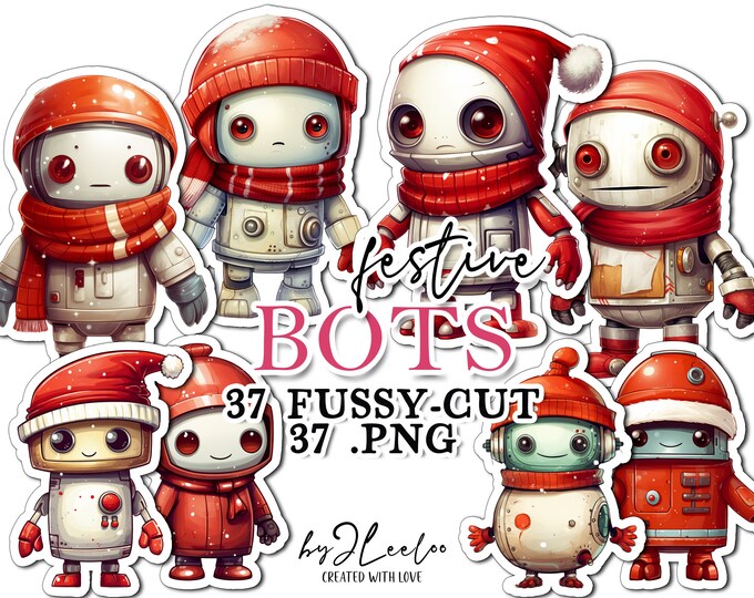 FESTIVE BOTS clipart PNG illustrations | Card Making, Scrapbooking, Journaling Supplies, Printable Stickers, Paper Craft Ephemera | cl156