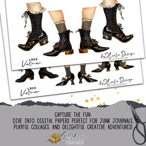 May include: Digital paper pack featuring illustrations of Victorian-style legs and shoes in black and white. The text "LEGS Victorian" is included in the image.